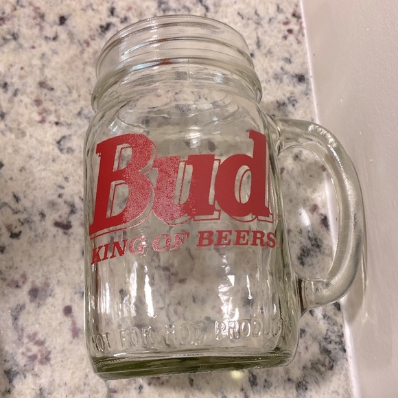 Vintage Budweiser Bud King of Beers Glass Mason Jar Cup With Handle - Picture 2 of 3